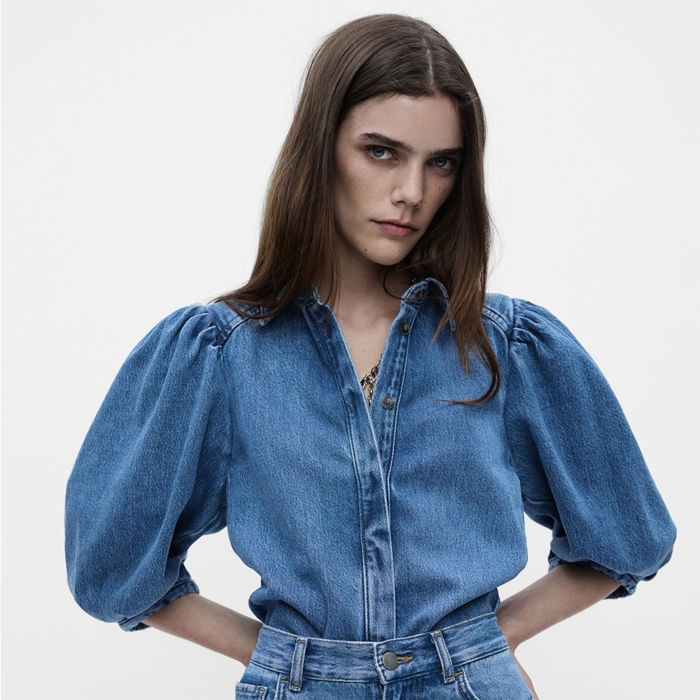 Zara Blue Denim Puff Sleeve Top